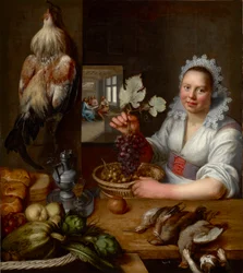 Scene de cuisine avec scene du Christ a Emmaus - Keittiökohtaus Kristuksen kanssa Emmauksessa, Snyders (Snijders), Frans (1579-1657). Öljy kankaalle, Vuosina 1615-1620. Mitat : 114,5x102 cm. Muzeul National Brukenthal, Sibiu