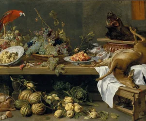 Asetelma, jossa on hedelmiä, vihanneksia ja kuollutta riistaa, 1635