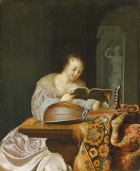 Sisustus, jossa nainen lukee musiikkia osittain päällystetyn pöydän ääressä kaksipäisellä luutulla, 1671