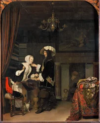 Cavalier in a draper shop (maalaus tammipuulle)