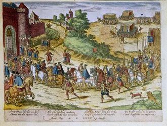 Alba de Tormesin kolmannen herttuan Ferdinand Alvare of Toledon tai Fernando Alvarez de Toledo y Pimentelin (1508-1582) saapuminen Brysseliin 8.8.1567 Espanjan armeijan kanssa. 1653 Franz Hogenbergin (1535-1590) vedos, B.N., Pariisi.