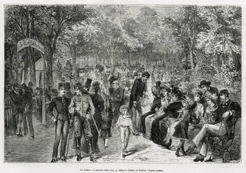 Prater: suuri kävelytie. Kollarzin kaiverrus havainnollistamaan tarinaa Wien ja sen esikaupunki, M. Newlinski, vuonna 1881, julkaistu Tour du mondessa, Edouard Chartonin (1807-1890) johdolla