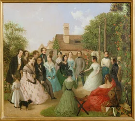 Pfaenderspiele der Familienmitglieder Alt im Garten - Hävityspeli Alt-perheen puutarhassa ... (maalaus kankaalle)