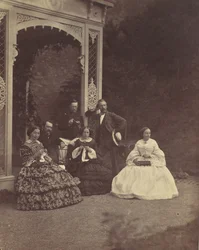[Muotokuva kolmesta naisesta ja miehestä puutarhassa], 1850-60-luku.