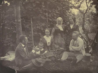 [Kolme naista, kaksi miestä ja lapsi piknikillä], 1850-60-luvut.