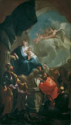 Valtaistuimelle noussut Madonna ja lapsi, pyhimysten palvoma