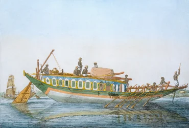 Badjera, kaapissa oleva jokivene, jossa on suuri melaperäsin, teoksesta "Hinudet, tai niiden tapojen, pukujen ja seremonioiden kuvaus", n. 1808-1812 (värillinen etsaus)
