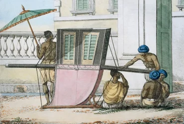 Palanquin-istuin, teoksesta "The Manners, Customs and Dress of The Hindus", 1799 (värillinen etsaus)
