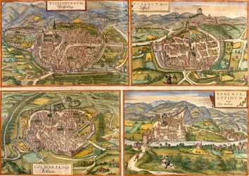 Kartta Weissenburgista (Wissenburgum) Saksassa, Rouffach (Rubeacum) ja Colmar (Colmaria) Ranskassa ja Baden Sveitsissä (etsaus)