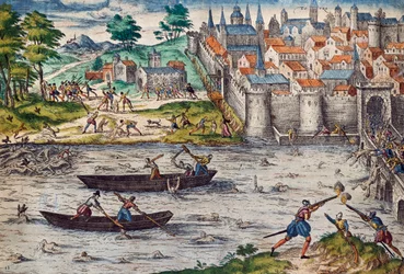 Toursin verilöylyt heinäkuussa 1562 hugenotteja vastaan käytyjen uskonnollisten sotien aikana, kaiverrus Franz Hogenberg (1535-1590), Ranska