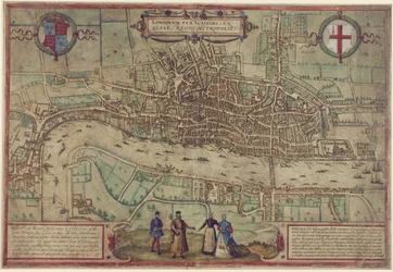 Lontoon suunnitelma Civitates Orbis Terrarumilta, osa. 1, 1572 (värillinen kaiverrus paperille)