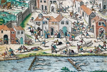 Kohtaus Ranskan uskonnollisista sodista, kaiverrus Franz Hogenberg (1535-1590), Ranska
