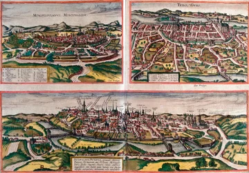 Näkymät Montpellier (Monspessulanus), Tours (Turo) ja Poitiers (Pictavis), Ranska (etsaus)