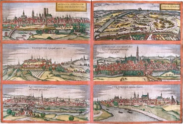 Näkymät Müncheniin (Monacum) Ingolstadt (Ingolstadion), Freising (Frisingensis), Nordlingen (Nordlinga), Regensburg (Ratispona) ja Straubing (Stravbinga), Saksa (etsaus)