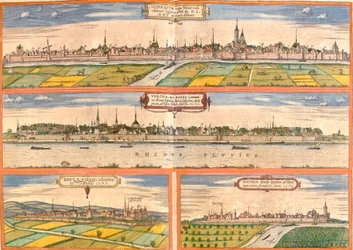 Näkymät Neussiin (Novesium), Bonnin (Verona), Bruhliin (Brula) ja Zonsiin (Sontina), Saksa (etsaus)