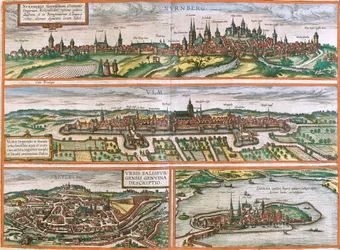 Näkymät Nürnbergiin (Nurnberga), Ulmiin (Ulma), Lindauhun (Lindolaan), Saksaan ja Salzburgiin (Salisburgensis) Itävallassa (etsaus
