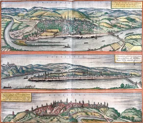 Näkymät Treves (Treveris), Koblenz (Coboletz) ja Rothenburg (Rotenburgum), Saksa (etsaus)