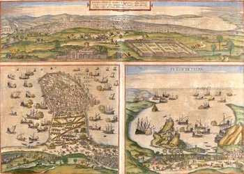 Näkymät Tunisiasta (Tunes) ja Mahdiasta (Aphrodisium) Tunisiassa sekä Penon de Velez de la Gomera tai Badis (Bades) (Penon de Veles), penon de Veles, kiistelty Espanjan ja Marokon välillä (etsaus).
