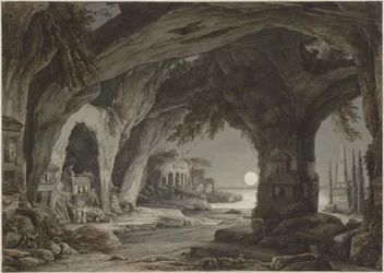 Ihanteellinen maisema kiviluolalla, hautoja ja raunioita kuunvalossa, c. 1790.