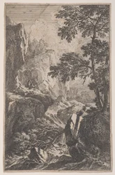 Levy 2: metsästäjä, joka tähtää aseella, polvistuu suuren kiven vieressä oikealla, ma..., n. 1700-25.