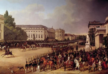 Sotilasparaati Oopperaaukio Berliinissä Franz Krugerin (1797-1857) maalaus 1822 su. 2,49 x 3,74 m Berliini, Kansallisgalleria