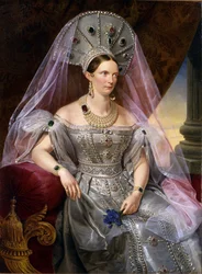 Keisarinna Aleksandra Fjodorovna Charlotten, Preussin prinsessan, muotokuva kokošnik-päähineessä, noin 1836