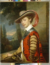 Prinssi Nicolas Saltykovin muotokuva valepuvussa. (Prinssi Nikolai Saltykovin muotokuva komeassa mekossa). Franz Krugerin (1797-1857) maalaus öljy kankaalle