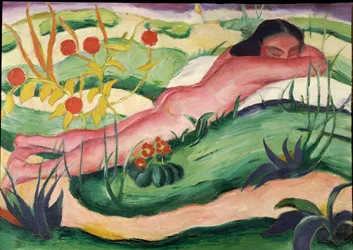 Kukkien keskellä makaava alaston, 1910