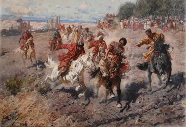 Cherkess juhlii Muharramin loppua ratsastusurheilussa Dash for the Prize Lamb, 1889