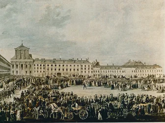 Ludwig van Beethovenin hautajaiskulkue vuonna 1827 Schwarzspanierhausista Alsergassen Pyhän Kolminaisuuden kirkkoon Wienissä (akvarelli).