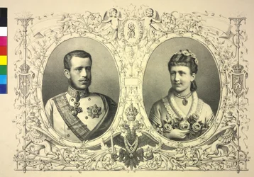 Kaksoiskuva Franz Joseph I:stä Kruununprinssi Rudolfista ja prinsessa Stefanista.