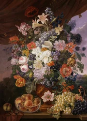 Hedelmiä ja kukkia reunalla maisemassa. Franz Xaver Petterin (1791-1866) maalaus Yksityiskokoelma.