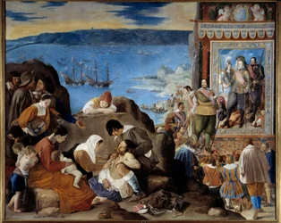 Allegoria Salvador de Bahian (Brasilia) vallasta portugalilaisen, espanjalaisen ja intialaisen armeijan toimesta Fadrique Alvarez de Toledo y Mendozan (1580-1634) johtamana 1. toukokuuta 1625 (Bahian valloitus Brasiliassa) - Vasemmalla: uhrit - Oikealla: k