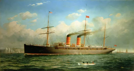 Cunard Liner R.M.S. Umbria Brooklyn Heightsin edustalla East Riverin varrella New Yorkissa