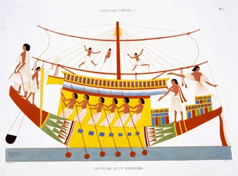 Jokilaiva Niilillä, harvinaisista Theban freskoista, jotka Frederic Cailliaud (1787-1869) nauhoitti toisella Egyptin vierailullaan 1819-1822, väri litho