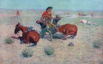 Intiaanit hyökkäävät cowboeihin. Frederic Remington.