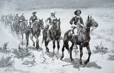 Yhdysvaltain "Buffalo Soldiers" marssimassa autiomaassa, vuoden 1888 piirroksesta (kaiverrus)