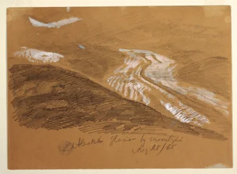 Piirros, Aletschin jäätikkö kuunvalossa, Bernin Alpit, Sveitsi, 28. elokuuta 1868.