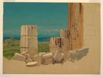 Piirros, Rikkinäiset pylväät, näkymä Parthenonilta, Ateena, huhtikuu 1869.