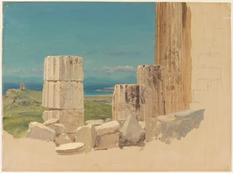 Piirros, Rikkinäiset pylväät, näkymä Parthenonilta, Ateena, huhtikuu 1869.