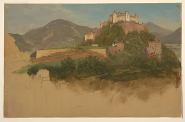 Piirros, Salzburgin linna, Itävalta, 1868.