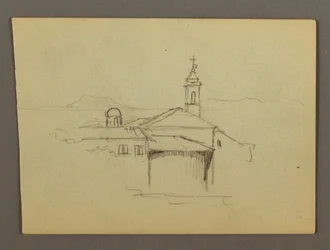 Piirustus, Kirkon torni ja rakennukset, mahdollisesti 1868-69.