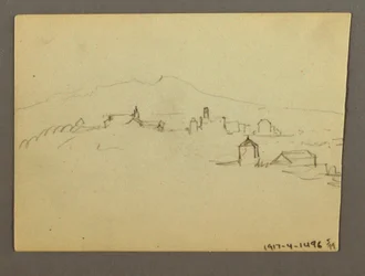 Piirustus, Kirkon torni ja rakennukset, mahdollisesti 1868-69.