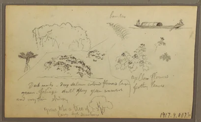 Piirros, kirkko, tornit; Kääntöpuoli: Hahmot kanootissa, kasvitieteellisiä luonnoksia, 1857.