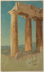 Piirros, Parthenonin pylväät, Ateena, 21. huhtikuuta 1869.