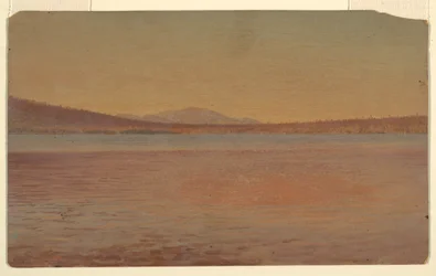 Piirros, Kaukaisnäkymä Katahdinin ja Travellerin vuorista Millinocket-järveltä, 1870-80.