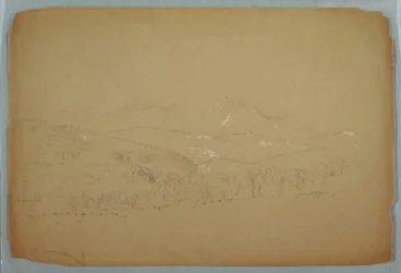 Piirros, Kaukaisnäkymä Katahdinista lännestä, n. 1856.