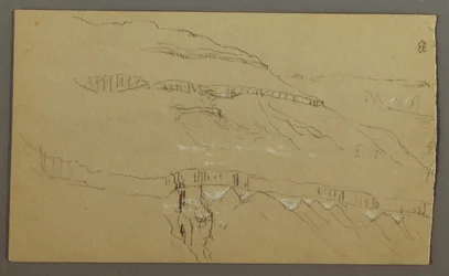 Piirros, El Jemenin laakso, Arabia: Kallioseinä, jonka yläosa muistuttaa pylväsriviä, 20. helmikuuta 1868.