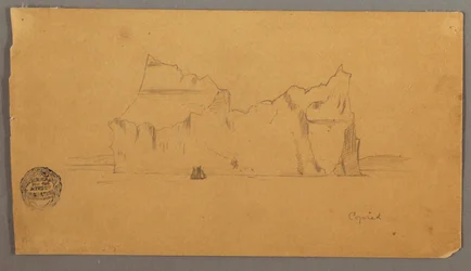 Piirros, kelluva jäävuori ja purjevene, mahdollisesti 1859