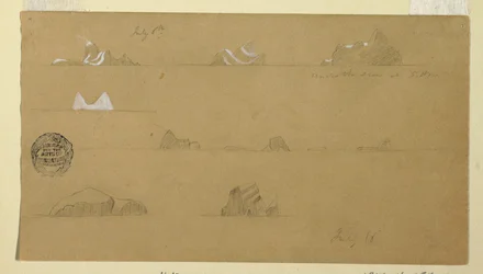 Piirros, kelluvat jäävuoret, 6. ja 16. heinäkuuta 1859.